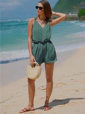 Green Sleeveless V-Neck two piece set